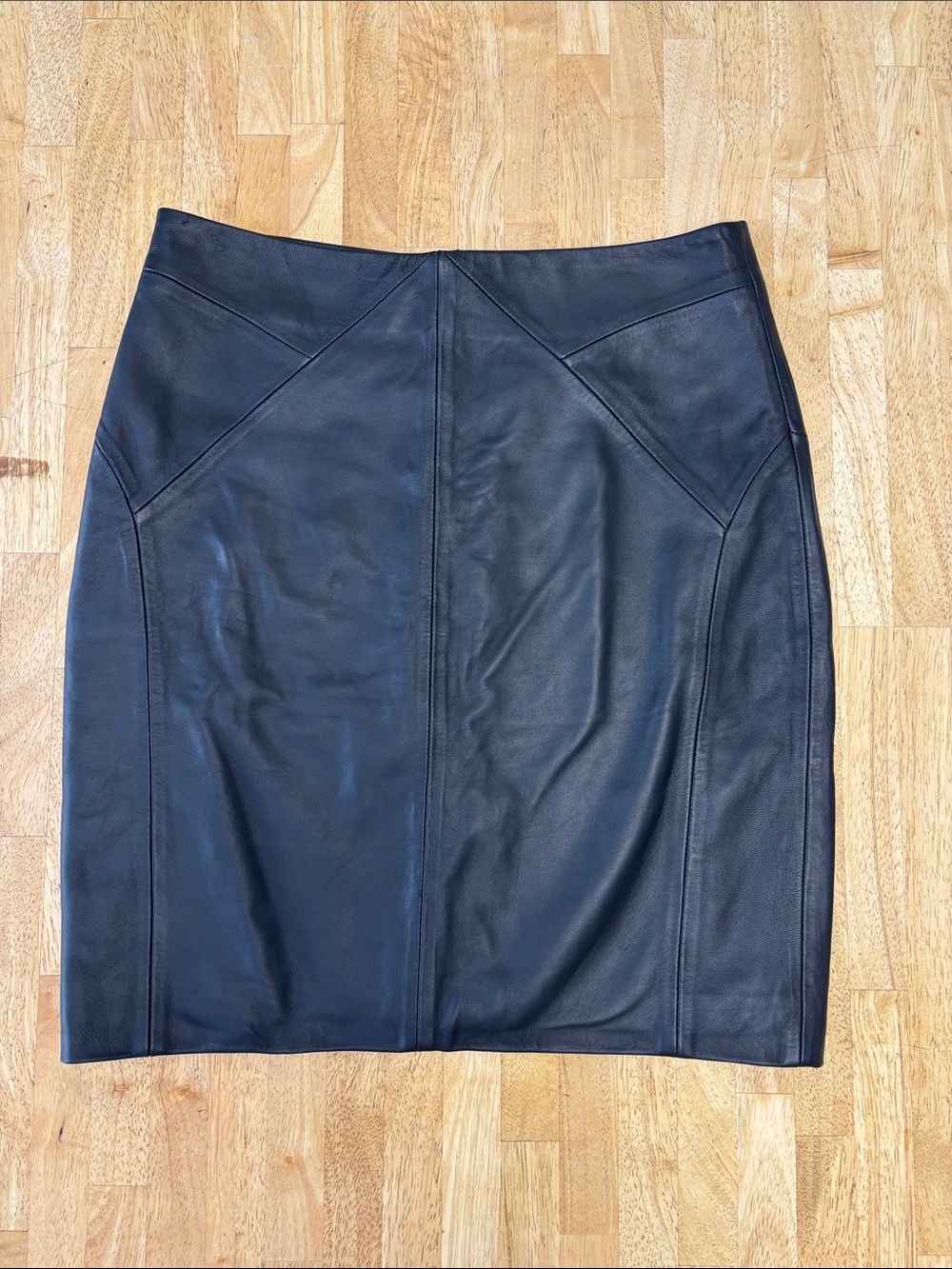 REISS Black Genuine Leather Pencil Skirt Size 4 USA Paneled Chevron Tailored